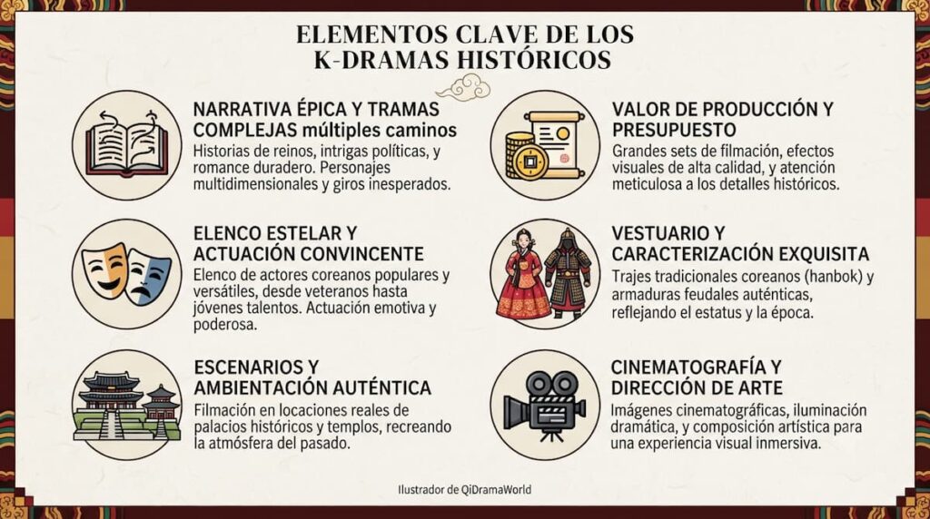 Infografía visual mostrando los componentes principales de los k-dramas históricos: narrativa multicapa, presupuesto de producción, elenco premium, vestuario de época, y escenarios históricos autentificados