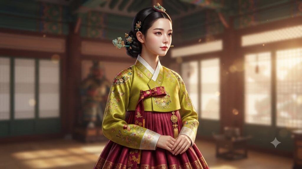 Detalle del hanbok tradicional coreano con jeogori amarillo, chima roja y accesorios decorativos del vestuario Dinastía Coreana