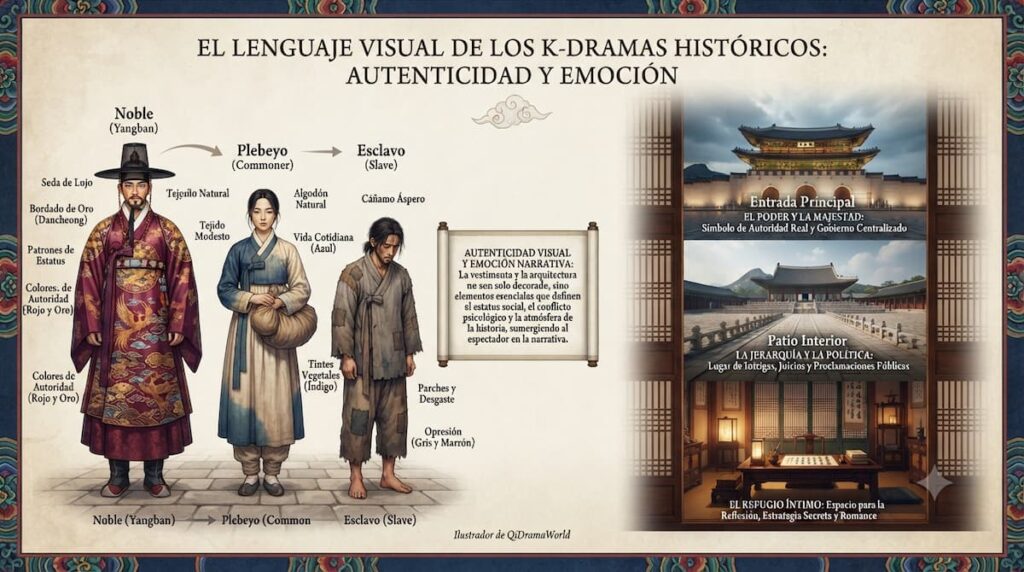 Composición visual mostrando vestuario hanbok tradicional coreano en diferentes estados sociales (noble, plebeyo, esclavo) y escenas de arquitectura de palacio coreano, con anotaciones sobre significado simbólico de cada elemento