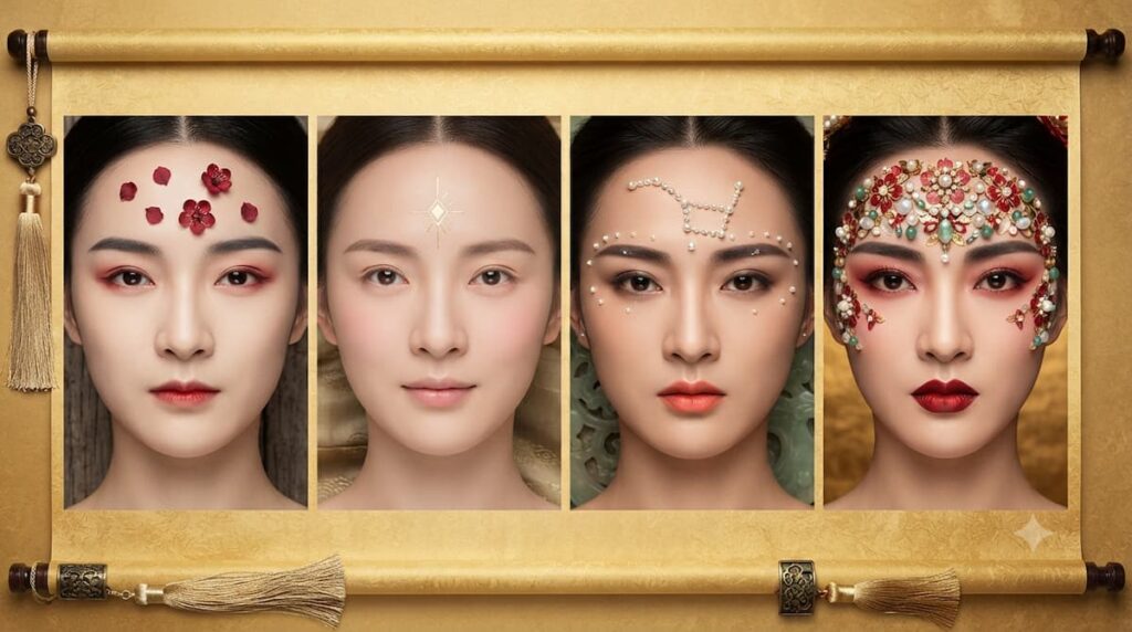 Cierre facial mostrando diferentes estilos de huadian tradicional chino: flores de ciruelo, diseños geométricos y ornamentación con perlas, aplicados en entrecejo y mejillas como expresión de estado emocional y estatus en C-dramas históricos