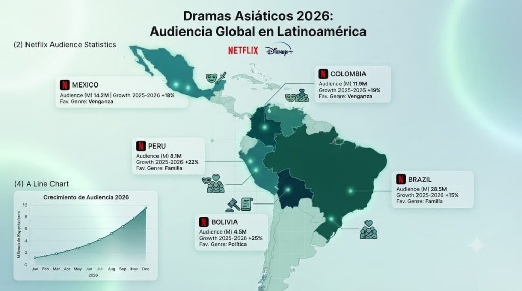 Mapa visual mostrando países latinoamericanos con datos de penetración de dramas asiáticos 2026 y audiencia regional por plataforma