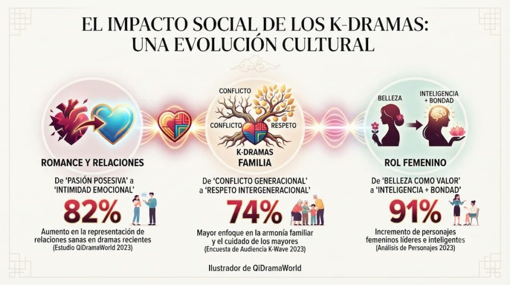 Infografía mostrando cambios documentados en sociedad latinoamericana post-adopción de k-dramas: redefinición de romance, revalorización familiar, empoderamiento femenino, con iconografía y estadísticas de impacto