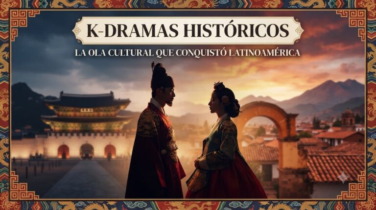 Collage visual de k-dramas históricos con escenas de época, personajes principales en vestuario tradicional coreano y banderas latinoamericanas, representando la fusión cultural entre Corea y América Latina