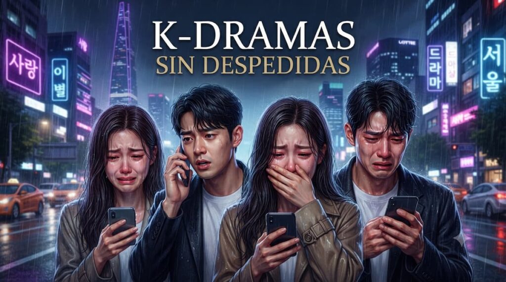 Collage de protagonistas de k-dramas con teléfonos, representando la característica única de las llamadas sin despedida en dramas coreanos