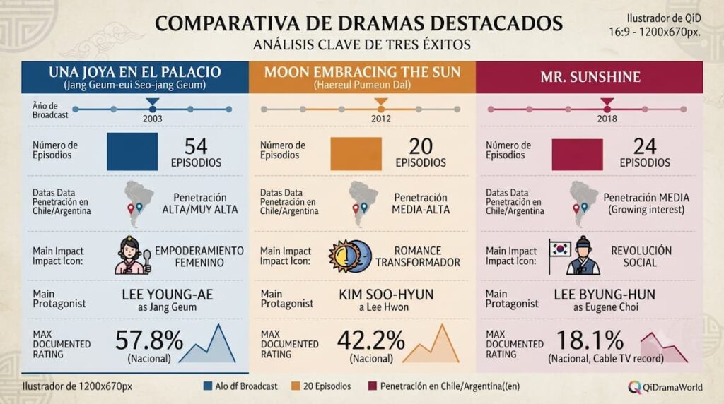 Infografía mostrando datos de alcance, episodios, años de transmisión y impacto cultural de tres k-dramas históricos emblemáticos: Una Joya en el Palacio, Moon Embracing the Sun, y Mr. Sunshine, con símbolos de audiencia e influencia