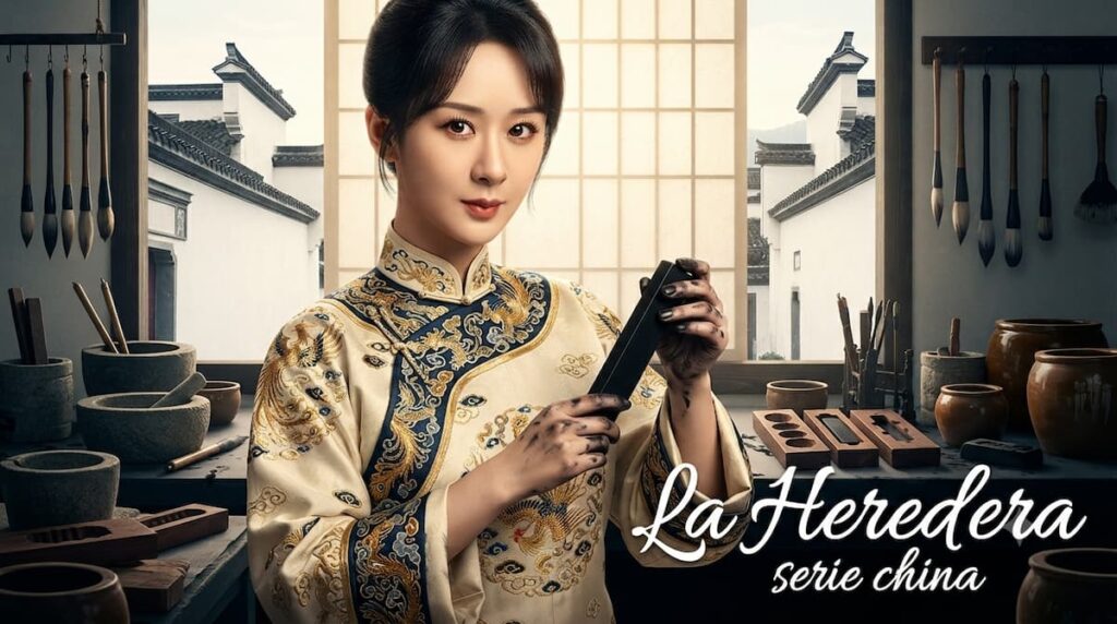 Protagonista Li Zhen en estudio de tinta de Huizhou, con herramientas tradicionales y bloques de tinta negra, representando el drama histórico La Heredera serie china 2026