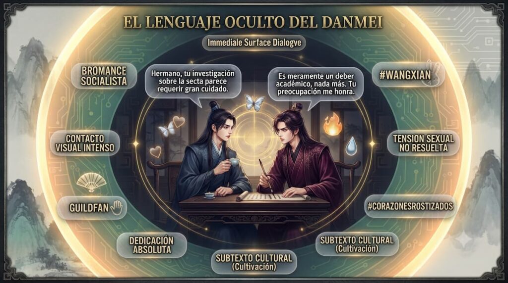 Mapa mental visual que desglosa las capas de comunicación emocional en Danmei, desde diálogos superficiales hasta subtexto emocional y códigos de fan