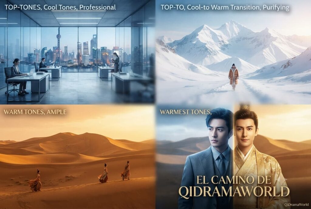 Análisis cinematográfico de Shine on Me mostrando locaciones (Shanghai, Dunhuang, montañas Changbai) y evolución del vestuario como lenguaje narrativo