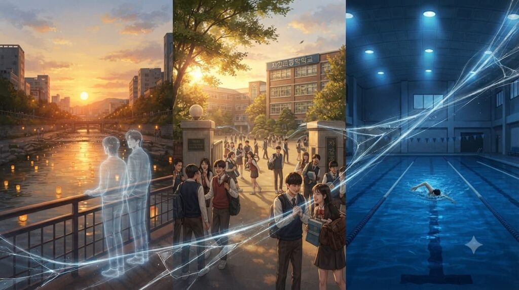 Escenarios importantes de Lovely Runner 2024: Arroyo Cheonggyecheon, Escuela Jagam, piscina olímpica