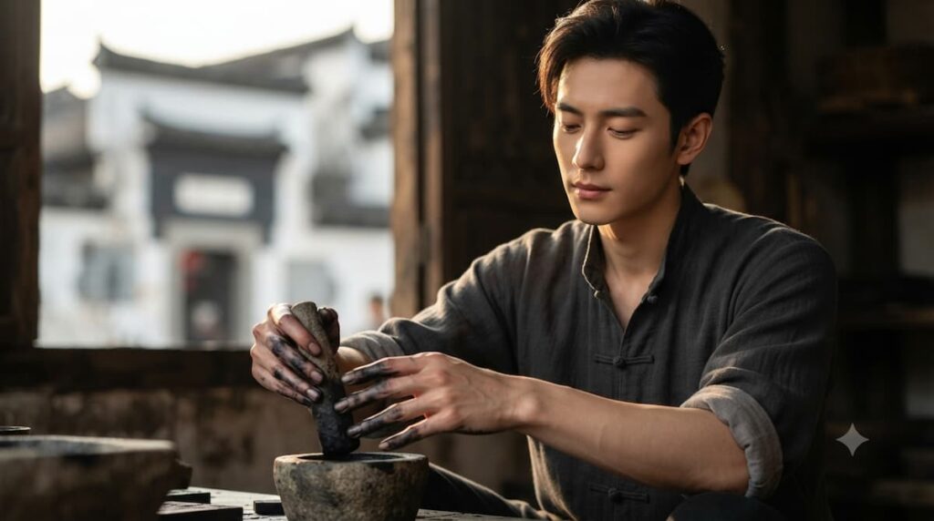 Luo Wenqian (Elvis Han) en taller de tinta con manos manchadas, mostrando su transformación psicológica en La Heredera serie china, donde abandona ambición comercial por compromiso con patrimonio cultural