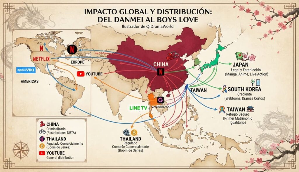Mapa geográfico mostrando distribución de Danmei, niveles de censura por país, y flujos de distribución de series entre regiones asiáticas