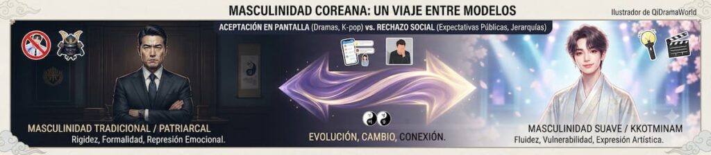 Comparación visual entre modelos tradicionales de masculinidad y la masculinidad suave/kkotminam, mostrando su impacto en dramas Danmei y recepción social