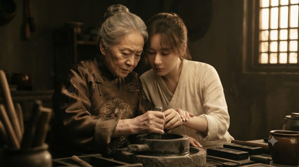 Escena intergeneracional en La Heredera serie china donde la abuela matriarca del clan Li enseña técnicas de tinta a Li Zhen en secreto, violando restricciones sociales Ming