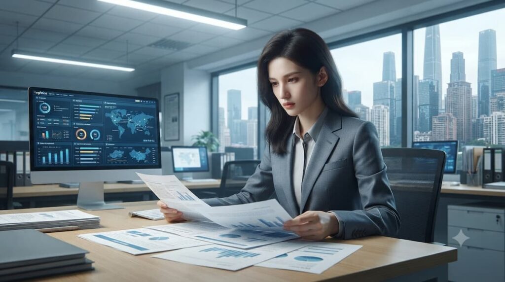 Miao Jing vistiendo profesional en oficina moderna, representando su transformación de trauma a empoderamiento profesional