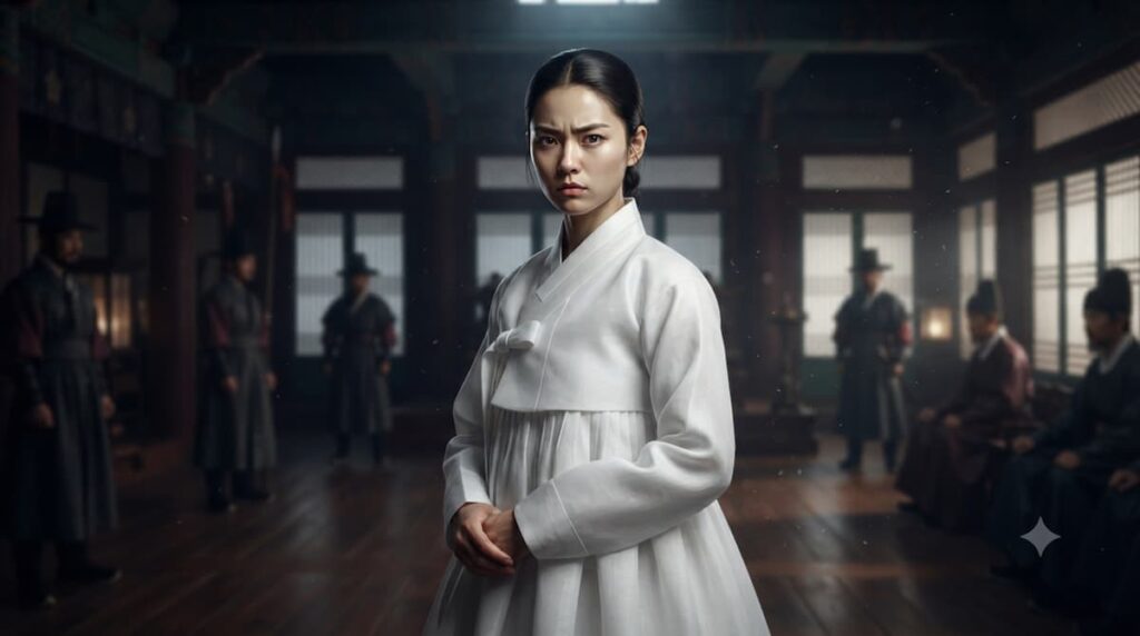 Mujer en minbok blanco puro mostrando determinación, representando resistencia cultural del pueblo coreano en k-dramas históricos