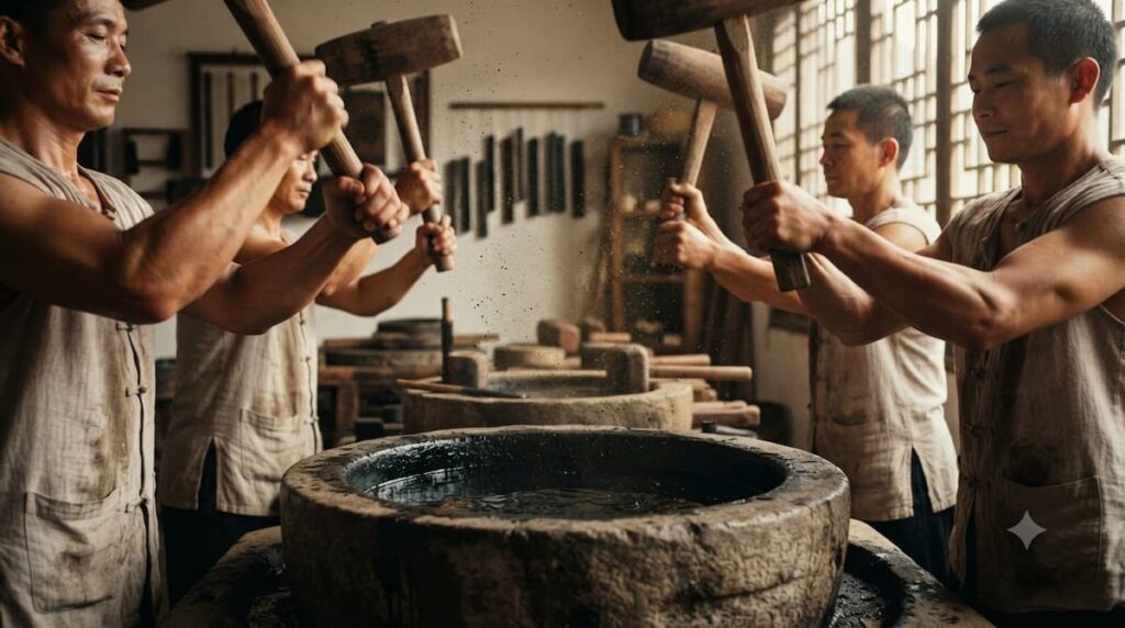 Escena de molienda intensiva en La Heredera serie china donde trabajadores golpean tinta miles de veces, proceso ancestral de Huizhou que transforma materia en arte