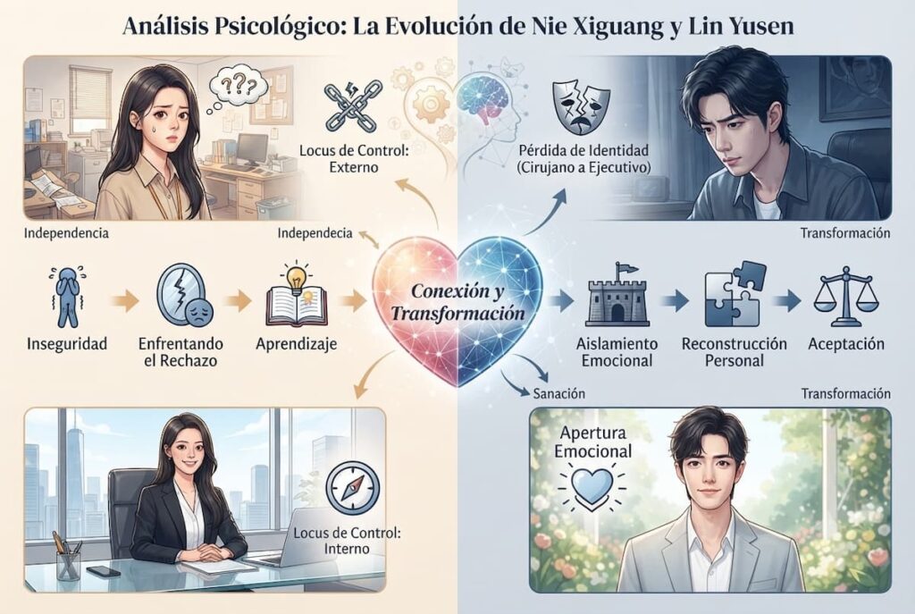 Comparativa psicológica de los personajes principales de Shine on Me, mostrando evolución emocional de Nie Xiguang (Zhao Jinmai) y transformación de Lin Yusen (Song Weilong)