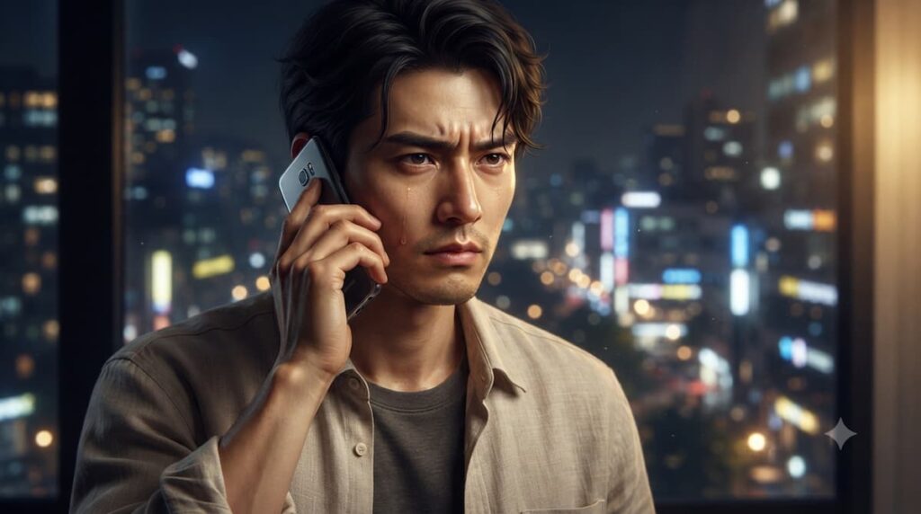 Primer plano de un actor coreano con teléfono, expresión de angustia o determinación, capturando el momento emocional antes de colgar sin despedida, característica distintiva de los k-dramas