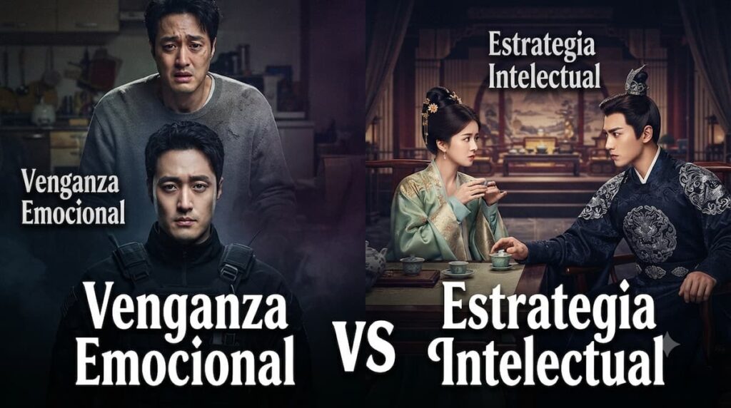 Comparación visual lado a lado del protagonista de Agent Kim Reactivated en transición del civil a agente y los protagonistas de The First Jasmine en escena de tensión política estratégica