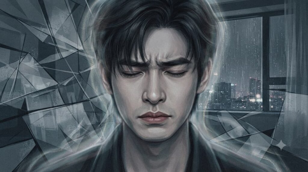 Primer plano introspectivo del rostro de Chen Yi mostrando dolor interno y PTSD en análisis de Volver a Ti