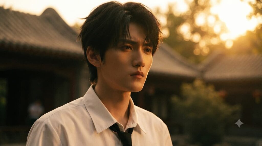 Primer plano de un joven actor con camisa blanca y corbata negra, iluminado por la cálida luz dorada de un atardecer en un entorno exterior.