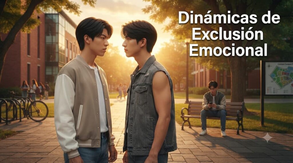 Escena de Secret Lover mostrando la tensión entre Los tres amigos, representando dinámicas de exclusión emocional en drama BL