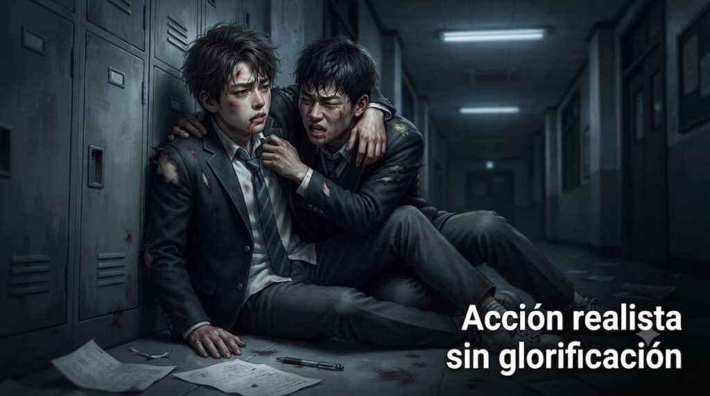 Secuencia de combate del drama Un héroe débil mostrando peleas realistas entre adolescentes con dirección de artes marciales