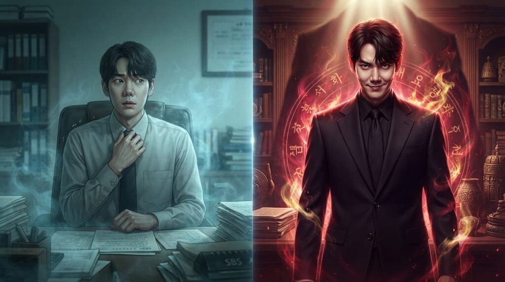 Comparación de postura y presencia de Shin Irang en modo normal y poseído, drama coreano 2026