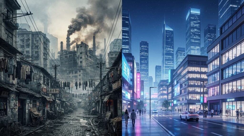 Contraste visual entre Tengcheng en años 90 industrial y actual moderno, mostrando transformación de escenario en Volver a Ti