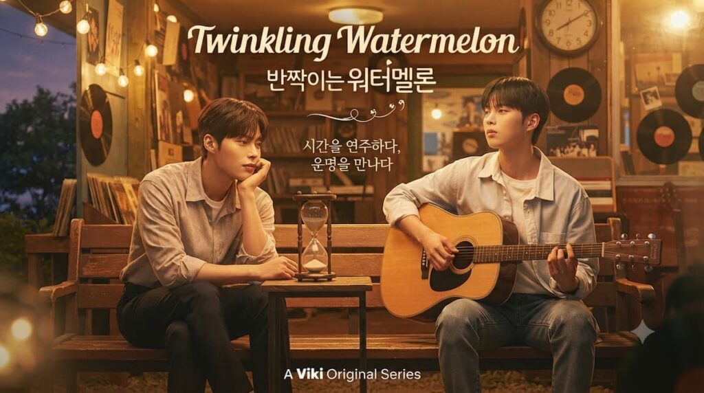 Poster oficial de Twinkling Watermelon 2023 con Byeon Woo-seok y Park Ji-hoon, drama coreano de romance y viaje en el tiempo