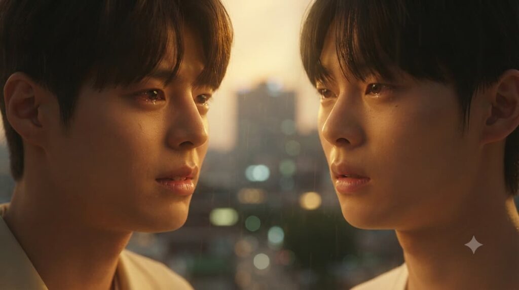 Escena de Twinkling Watermelon mostrando a los protagonistas en un momento de tensión emocional, capturando la química entre Byeon Woo-seok y Park Ji-hoon
