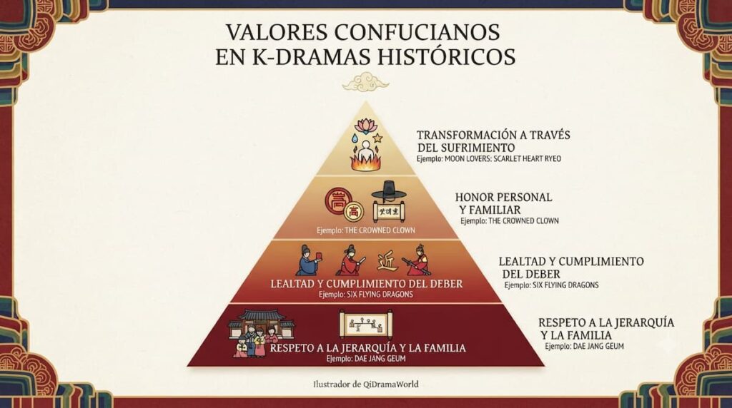 Pirámide visual mostrando jerarquía de valores confucianos (respeto, lealtad, honor, aceptación del sufrimiento) con ejemplos de cómo se manifiestan en narrativas de dramas coreanos históricos