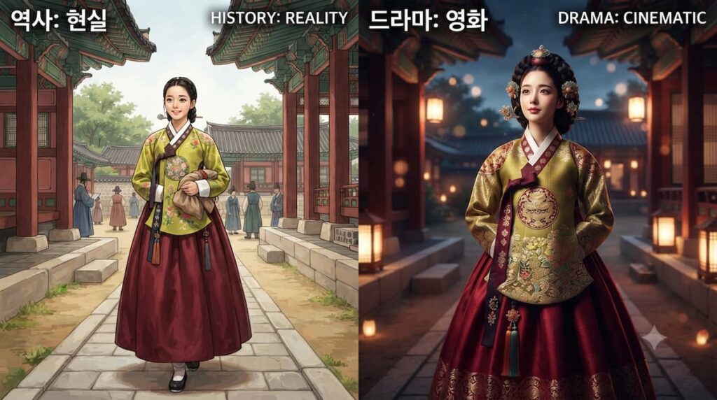 Mujer en hanbok rojo y amarillo frente a palacio Joseon, representación cinematográfica del vestuario Dinastía Coreana en k-drama histórico