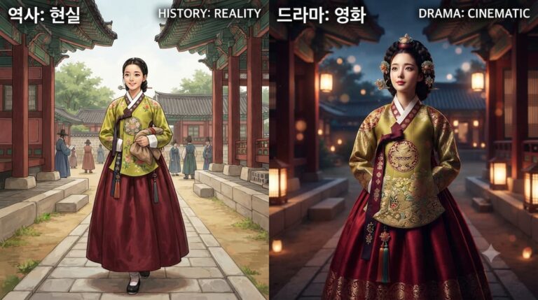 Mujer en hanbok rojo y amarillo frente a palacio Joseon, representación cinematográfica del vestuario Dinastía Coreana en k-drama histórico