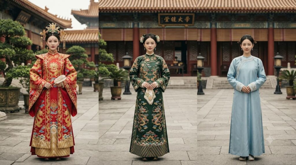 Personajes femeninos vistiendo longpao rojo, dorado y verde de dinastía Tang y Song, mostrando la jerarquía social y emocional reflejada en el vestuario de C-dramas históricos