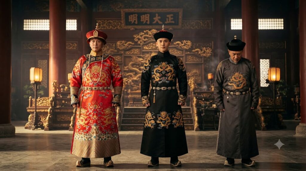 Personajes masculinos en longpao rojo imperial y negro con dragones bordados de diferentes números de garras, mostrando jerarquía de poder: nueve garras para emperador, cinco a ocho para príncipes, tres a cinco para oficiales; elemento central en narrativa de C-dramas históricos