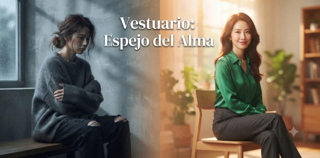Comparación de vestuario mostrando cómo cambios en la ropa reflejan transformaciones emocionales en personajes