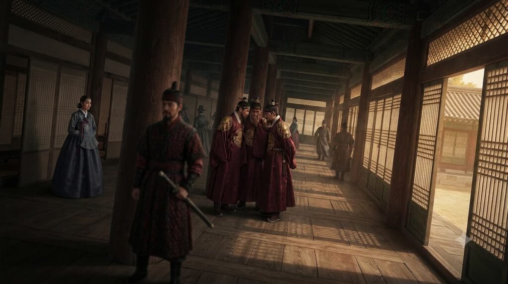 Detalle del vestuario tradicional coreano y arquitectura del palacio Joseon en el análisis del palacio del este 2026 fantasía oscura