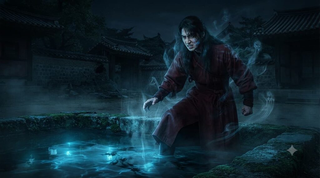 Nam Joo-hyuk como Gu-cheon realizando el ritual del estanque en el palacio del este 2026 fantasía oscura, proyectando su alma hacia el reino de Gwi