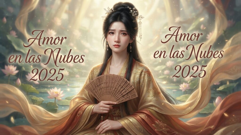 Ming Yi disfrazada de bailarina en trajes fluidos dorados, con texto de "Amor en las nubes 2025", en un jardín de flores de loto iluminado por luz cálida, representando su transformación y vulnerabilidad.