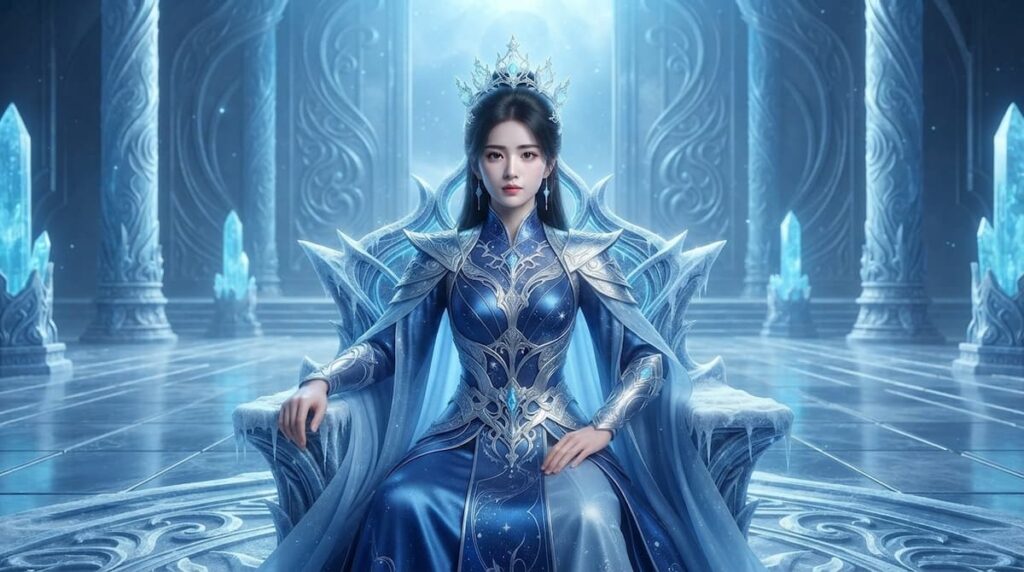 Ming Yi con armadura azul celeste plateada, expresión fría y poderosa, representando su identidad como guerrera invencible antes de su derrota en el drama Amor en las nubes.