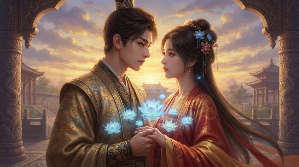 Ming Yi en vestido fluido rojo y oro junto a Ji Bozai en trajes dorados, mirándose con confianza y vulnerabilidad, rodeados de flores de loto levitantes bajo luz azul mística, en el análisis de Amor en las nubes.
