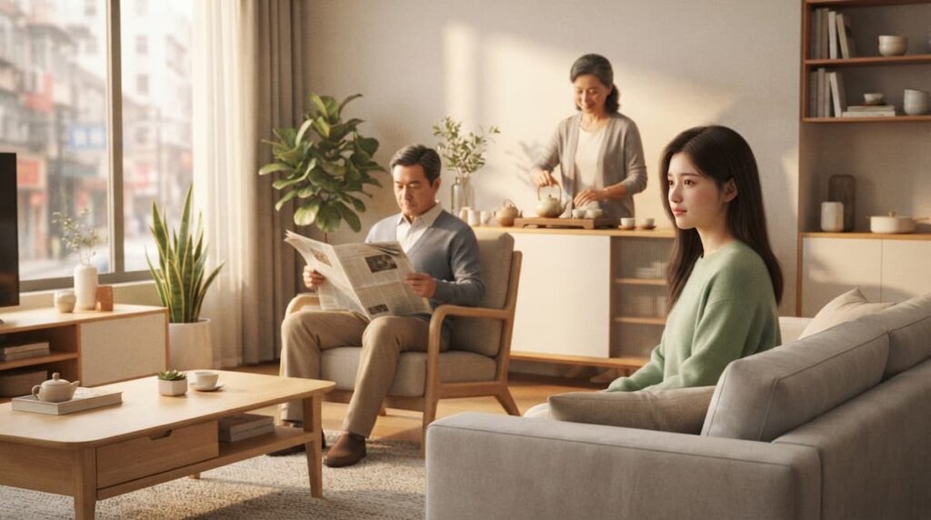 Escena de la familia de Sang Zhi en su hogar chino contemporáneo, mostrando el ambiente cálido y las dinámicas familiares del drama Amor oculto