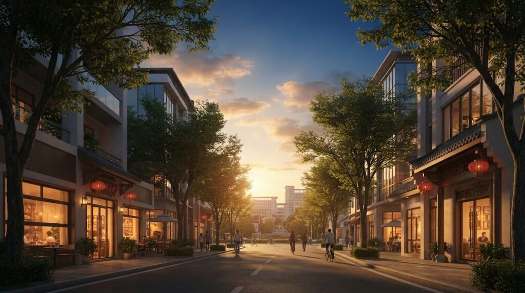 Escena de Xiamen, la ubicación de Amor oculto, mostrando la arquitectura urbana moderna y los espacios que enmarcan el romance del drama.