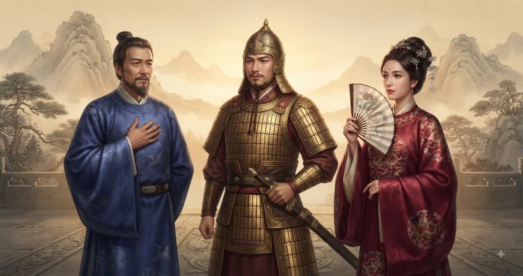 Representación de los tres personajes principales del drama en vestuario histórico: Qian Hongchu en azul meditativo, Zhao Kuangyin en armadura dorada y Sun Taizhen en túnica de seda