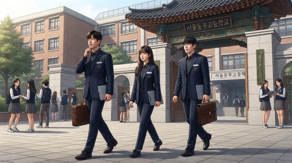 Ilustración de tres inspectores caminando juntos hacia una escuela, personajes centrales de Así aprenderás final explicado.