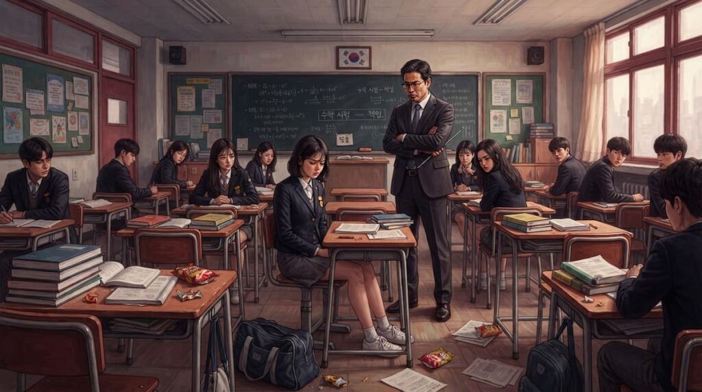 Ilustración de un aula coreana en tensión entre estudiantes y profesores, contexto del análisis de Así aprenderás final explicado.