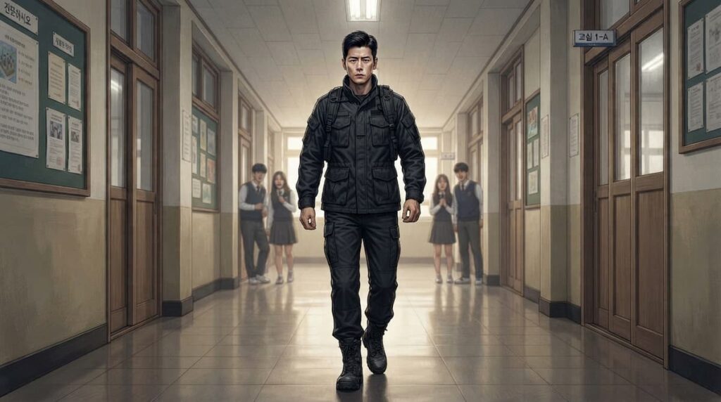 Ilustración de un hombre con chaqueta táctica caminando por un pasillo escolar, protagonista del análisis de Así aprenderás final explicado.