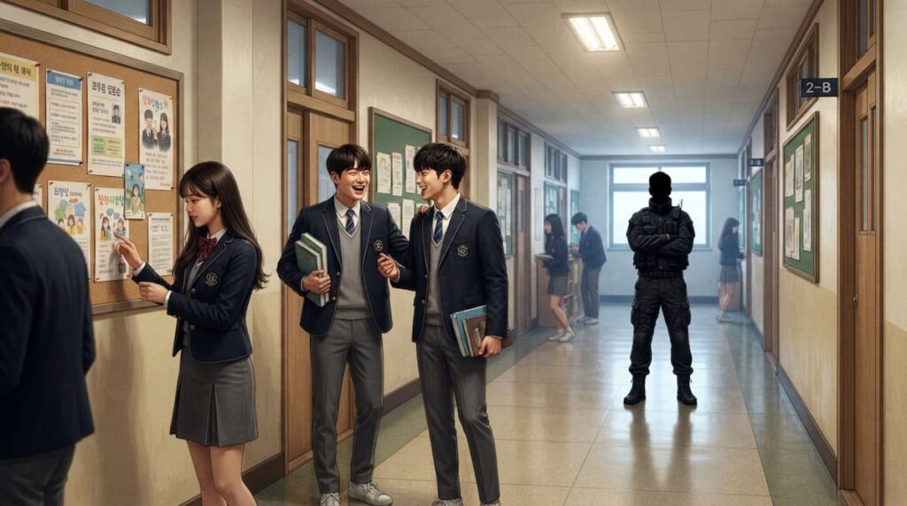 Ilustración de un pasillo escolar coreano con uniformes estudiantiles y una figura de inspector al fondo, ilustrando Así aprenderás final explicado.
