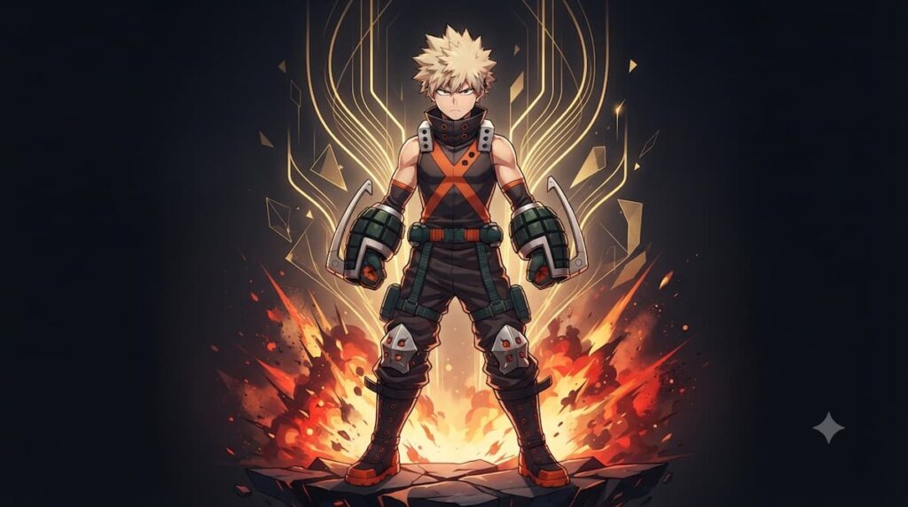 "Katsuki Bakugo en su uniforme de héroe naranja y negro, mostrando su transformación emocional en My Hero Academia Final Season, ganador de Mejor Personaje Secundario 2026"